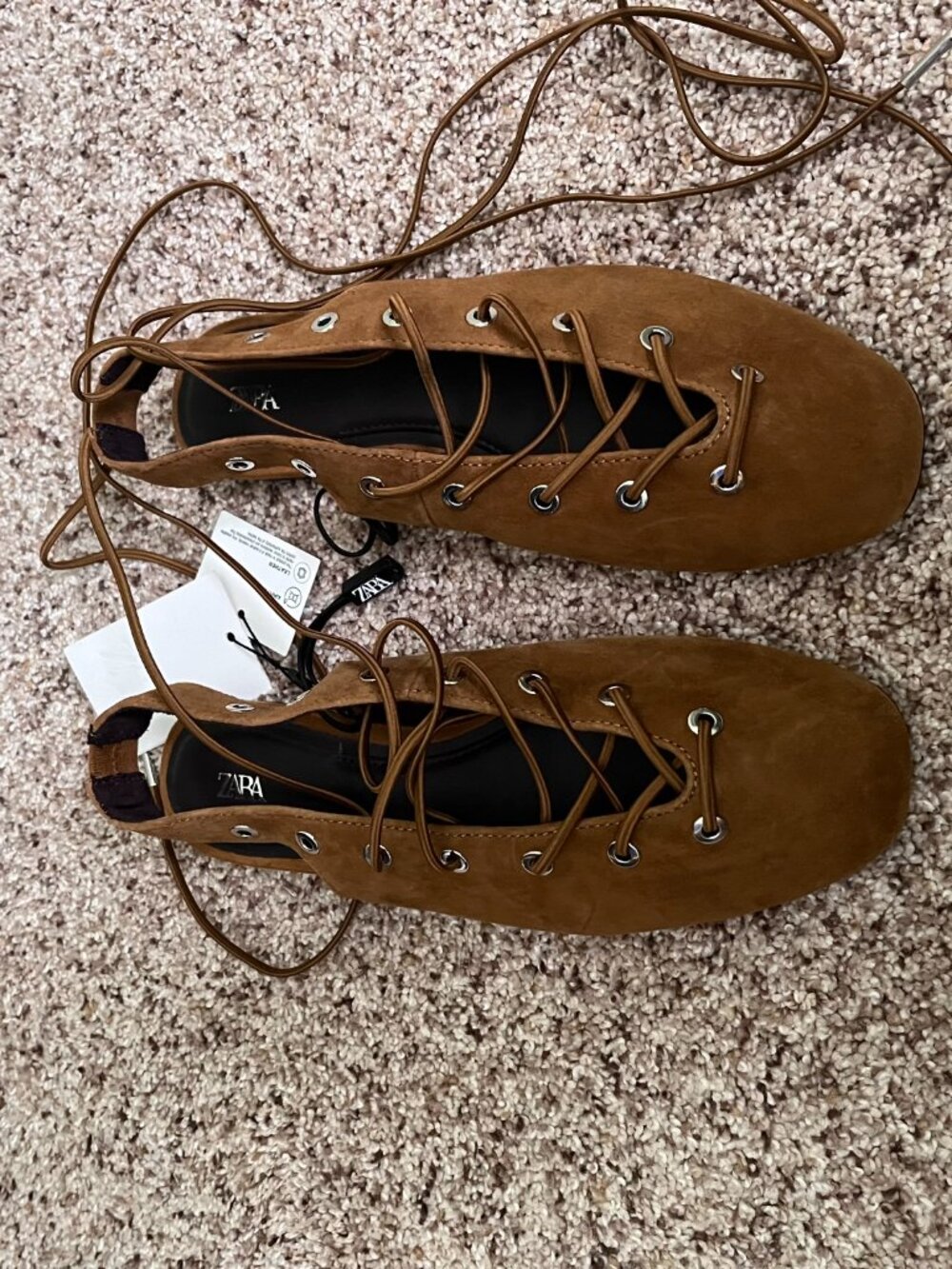 ZARA Dark Tan Suede Slingback Ballet Flats Lace Up Eyelet Shoes Size 6 NWT Chic - Picture 5 of 10
